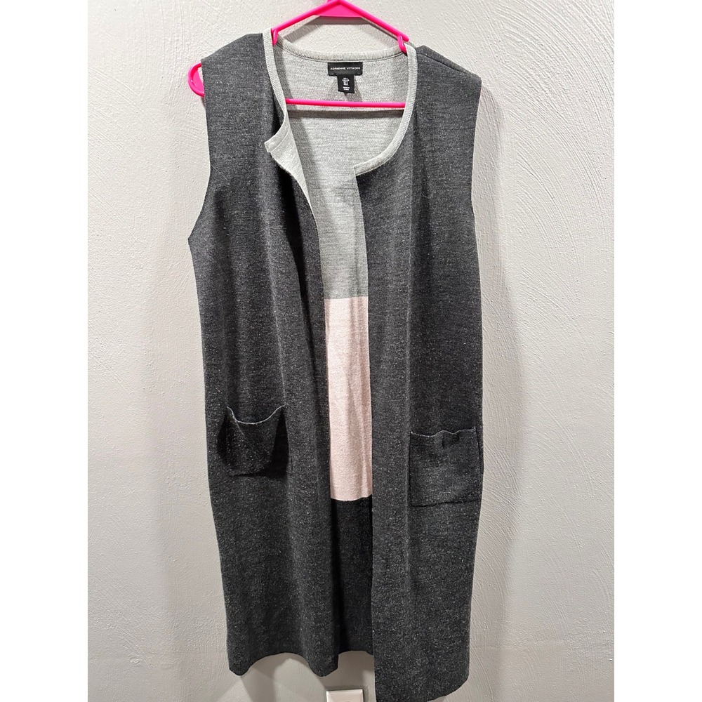 Adrienne Vittadini Merino Wool Blend Colorblock Longline Knit Vest Duster Gray L
